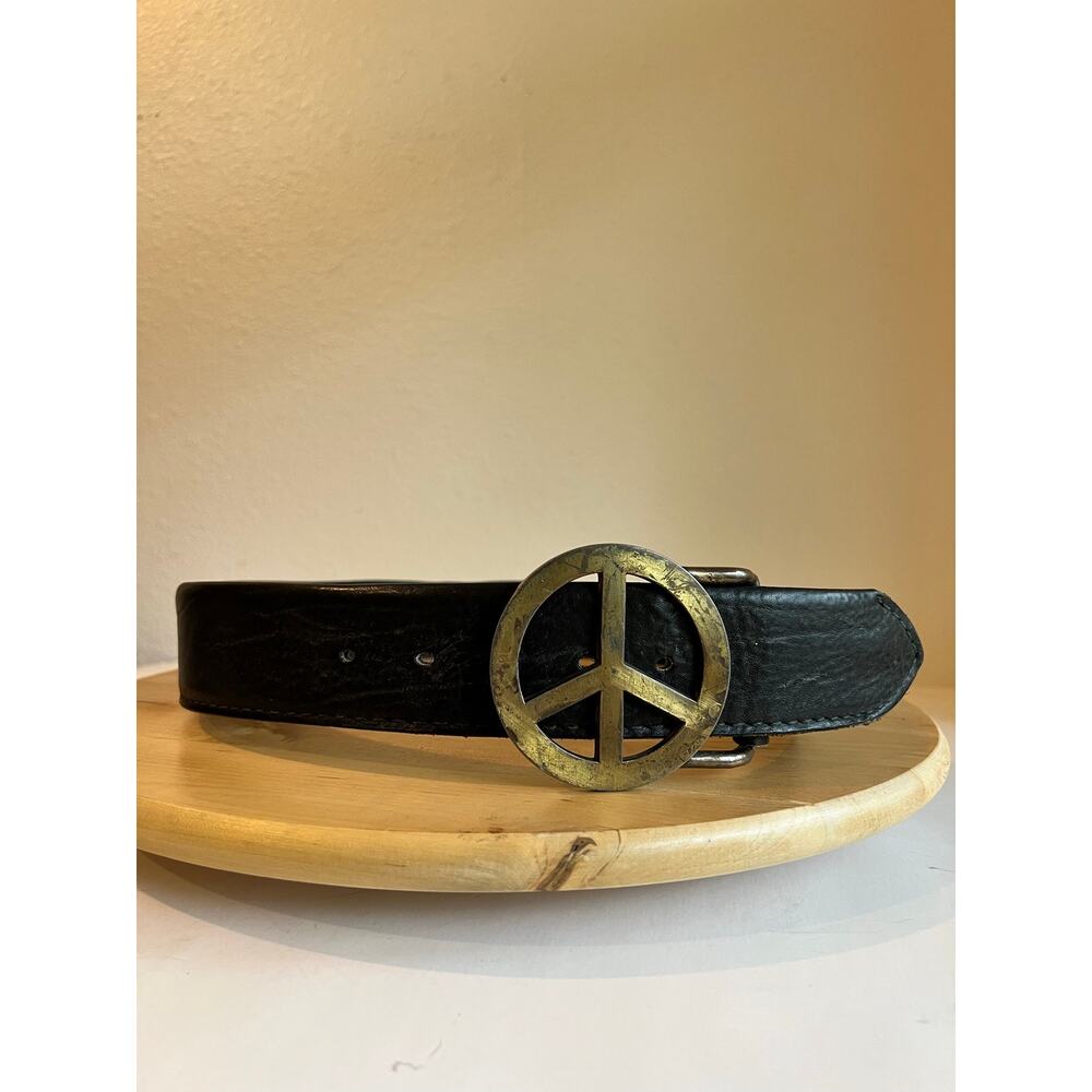 Vintage Black Puma Steerhide Genuine Leather PEACE Brass Buckle Belt Size Medium